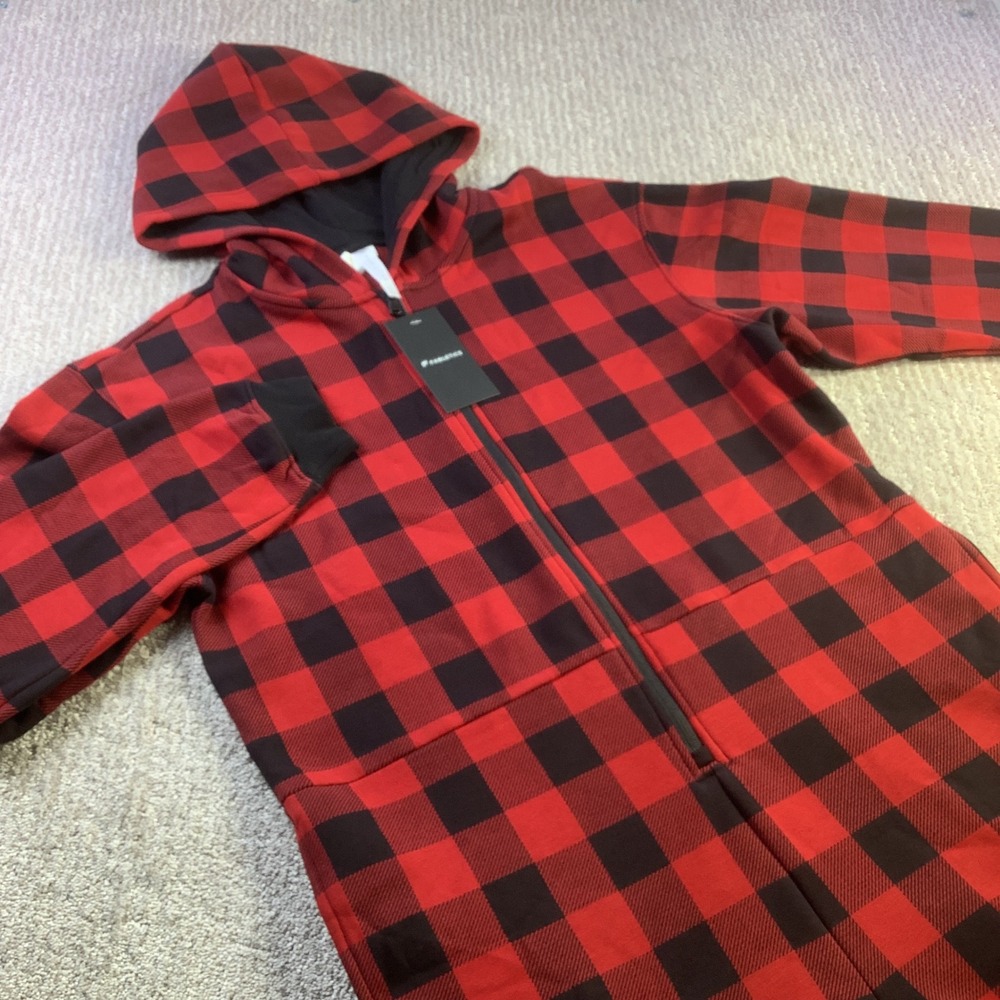 Fabletics Cozy Fleece Hooded One Piece Red Buffalo Plaid Jumpsuit Size M NWT